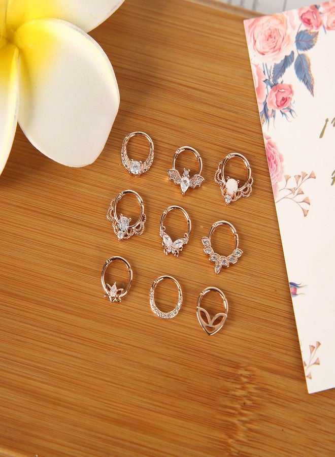 Staligue 9Pcs 16G Septum Clicker Rings Stainless Steel Hoop Hinged Segment CZ Opal Nose Rings for Women Cartilage Tragus Hoop Helix Daith Earrings Nose Piercing Jewelry 8MM - Image 3